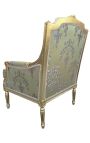 Wielkie bergère louis XVI styl złotej tkaniny satenowej z wzorem i złotym drewnem
