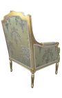 Wielkie bergère louis XVI styl złotej tkaniny satenowej z wzorem i złotym drewnem