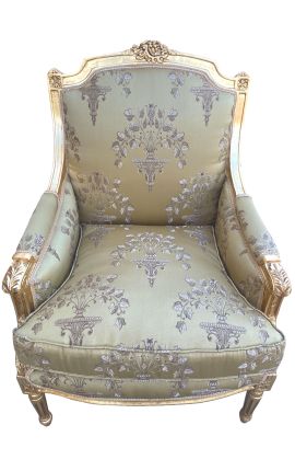Wielkie bergère louis XVI styl złotej tkaniny satenowej z wzorem i złotym drewnem