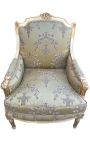 Wielkie bergère louis XVI styl złotej tkaniny satenowej z wzorem i złotym drewnem
