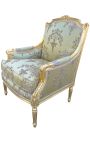 Wielkie bergère louis XVI styl złotej tkaniny satenowej z wzorem i złotym drewnem
