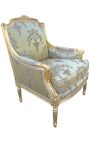 Wielkie bergère louis XVI styl złotej tkaniny satenowej z wzorem i złotym drewnem