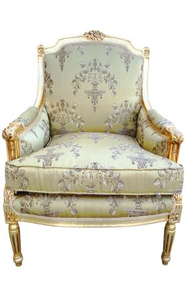 Grande bergère de style Louis XVI tissu satiné doré avec motifs et bois doré