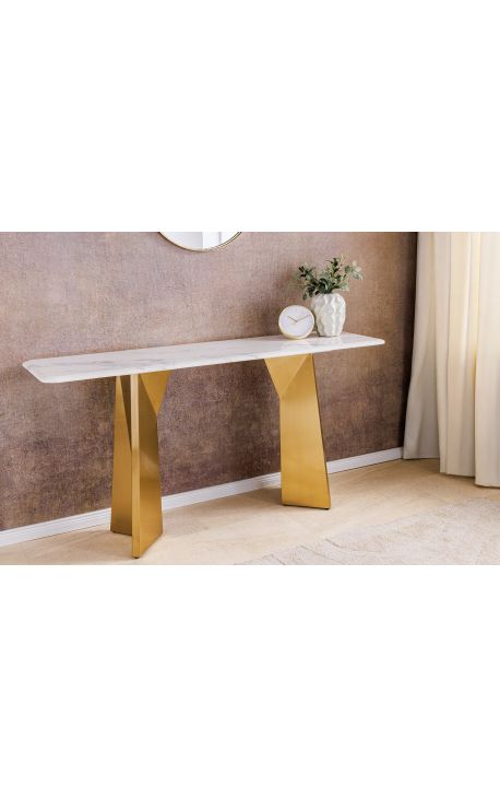 CALYPSO console in goud geborsteld staal en bovenste keramische marmer witte look (Dupliqué)