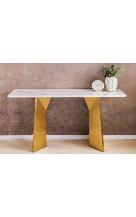 Console NYX en acier brossé doré et plateau céramique marbre blanc