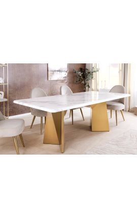 Table de repas NYX en acier brossé doré plateau en marbre blanc - 200 cm