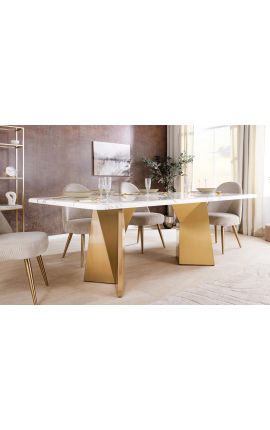Table de repas NYX en acier brossé doré plateau en marbre blanc - 200 cm