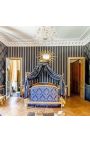 Baroque canopy bed with gold wood and blue "Gobelins" satine fabric