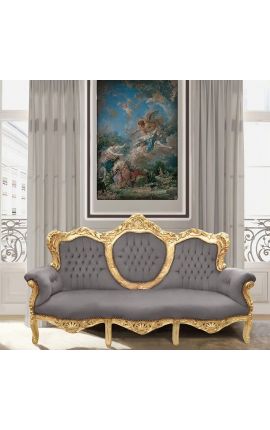 Sofa w stylu barokowym aksamitna szara tkanina i złote drewno