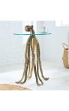 Tavolo laterale "OCTOPUS" in alluminio dorato con capo di vetro