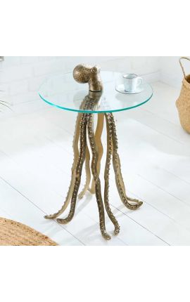 Mesa lateral &quot;OCTOPUS&quot; de aluminio dorado y tapa de vidrio