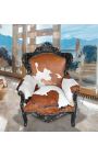 Grande poltrona in stile barocco di pelle di mucca vera e legno nero