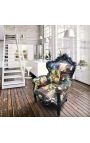 Grand fauteuil de style baroque simili cuir décor bande dessinée et bois noir