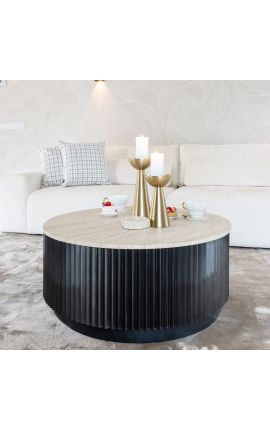 Mesa de café HENRY em madeira preta e top em travertino bege - Ø 90 cm