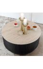 HENRY coffee table in black wood and top in beige travertine - Ø 90 cm