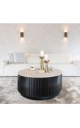 HENRY coffee table in black wood and top in beige travertine - Ø 90 cm