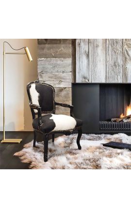 Sessel Louis XV mit echtem schwarz-weißem Rindsleder und schwarzem Holz