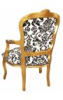 Poltrona barroca de Louis XV Estilo com tecido floral preto e madeira dourada