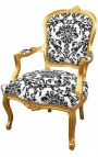 Poltrona barroca de Louis XV Estilo com tecido floral preto e madeira dourada