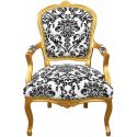 Poltrona barroca de Louis XV Estilo com tecido floral preto e madeira dourada