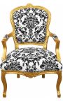 Poltrona barroca de Louis XV Estilo com tecido floral preto e madeira dourada