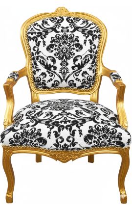 Barocksessel von Louis XV Stil mit schwarzem Blumenstoff und goldenem Holz