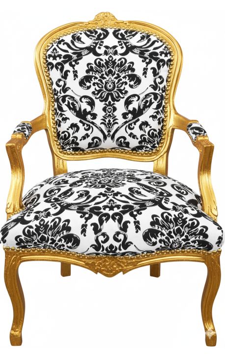 Poltrona barroca de Louis XV Estilo com tecido floral preto e madeira dourada