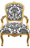 Barokk lenestol av Louis XV Stil med svart floral stoff og gyldent tre
