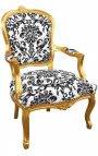 Poltrona barroca de Louis XV Estilo com tecido floral preto e madeira dourada