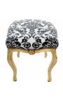 Baroque footrest fabric pattern black flowers and golden wood