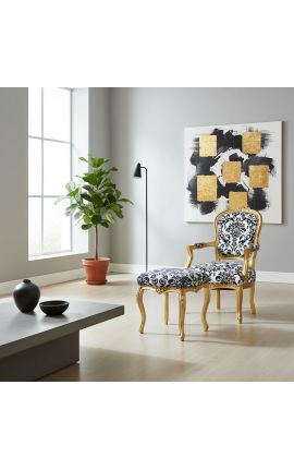 Barocke Fußstütze aus Stoff mit schwarzem Blumenmuster und goldenem Holz
