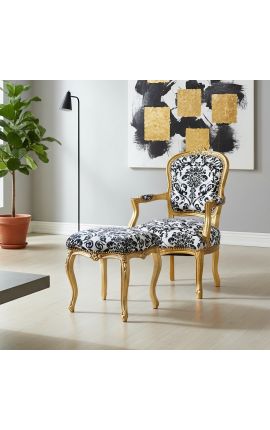 Barocksessel von Louis XV Stil mit schwarzem Blumenstoff und goldenem Holz