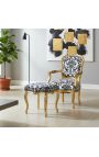 Baroque armchair of Louis XV style with black floral fabric and golden wood