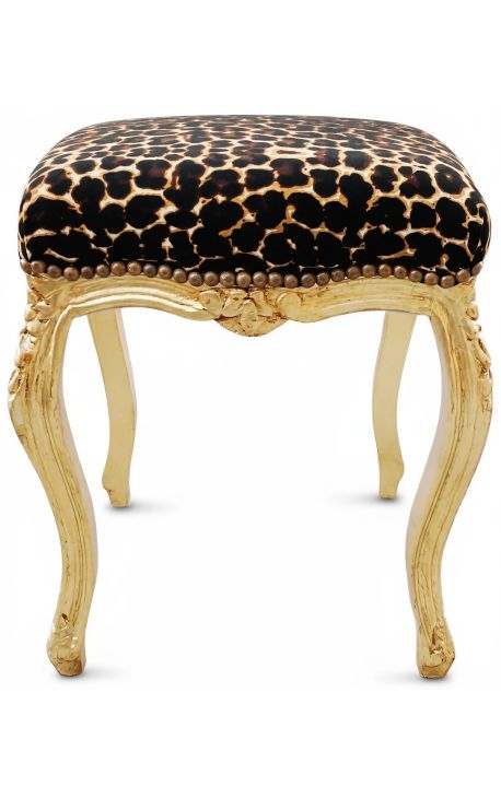 Louis XV στυλ μπαρόκ υποπόδιο με λεοπάρδαλη και χρυσό ξύλο - 1