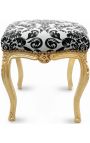 Repose-pied baroque tissu motifs floraux noir et bois doré