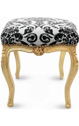 Repose-pied baroque tissu motifs floraux noir et bois doré