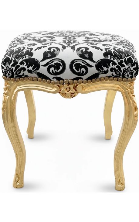 Repose-pied baroque tissu motifs floraux noir et bois doré