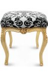 Barokk footstool svart blomster stoff mønster og gyldent tre - 4