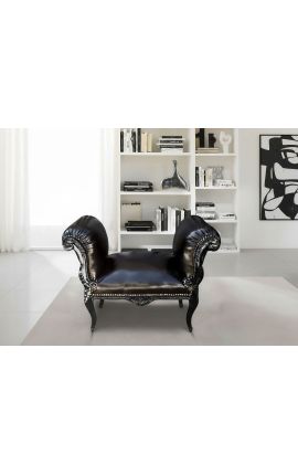 Baroka Louis XV Bench melnā ādas un melnā koka