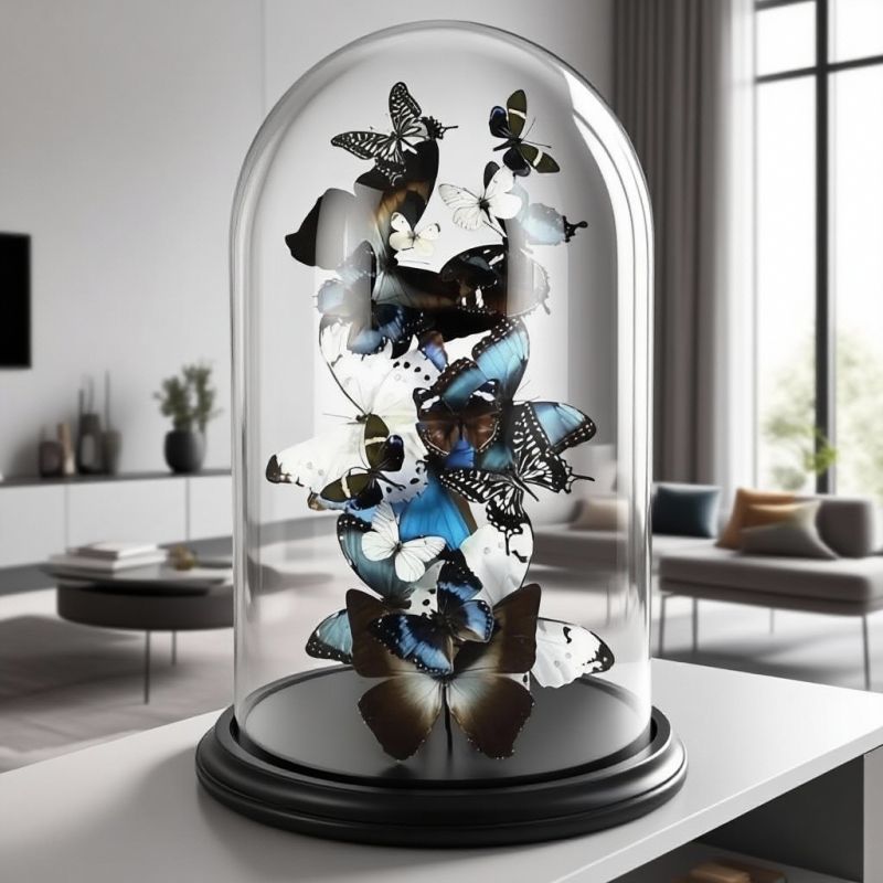 Große Glaskuppel mit exotischen weißen und blauen Schmetterlingen