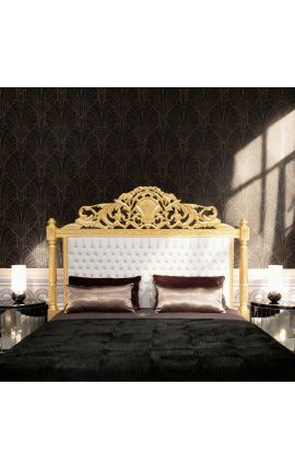 Barokke sengekoppen hvit leatherette med rhinestones og gulltre