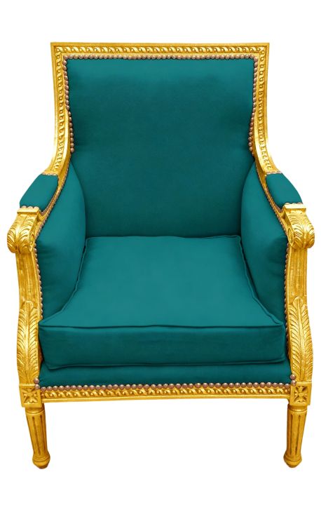 Wielki Bergère krzesło Louis XVI w stylu zielonego wielbitu i drewna - 1