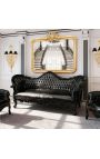 Barok napoleon III sofa sort falsk hud læder og blank sort træ - 11