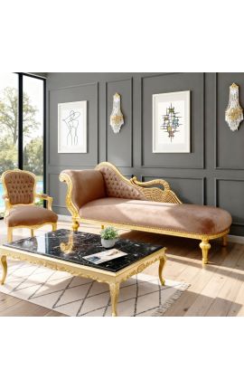 Chaise longue grande collar de cisne barroco de tela de terciopelo de color topo y madera dorada