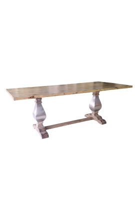 Grande mesa de fazenda em madeira natural com base em balaústre de aço inoxidável