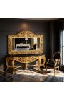 Enorme console avec miroir de style baroque en bois doré et marbre noir