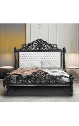 Μπαρόκ λευκό κρεβάτι λευκό δερμάτινο με στρας και μαύρο λακαρισμένο ξύλο