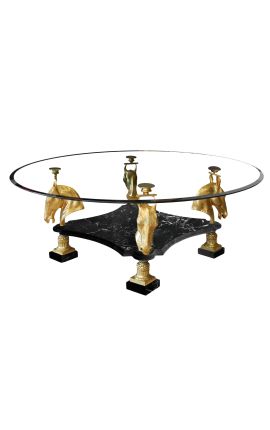 Mesa redonda con decoración de caballos de bronce y mármol negro