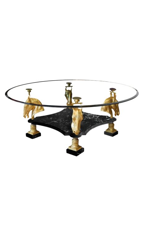 Table de repas ronde en bronze et marbre noir au décors de chevaux - 1