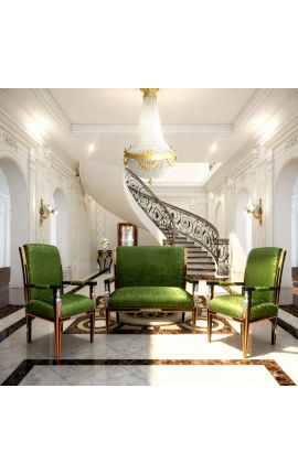 Empire stiliaus sofa žalia satino audinys ir juoda lakuota mediena